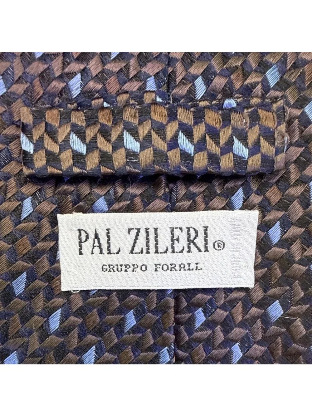 Pal Zileri Mens Brown & Blue Woven Silk Necktie Geometric Pattern Made In Italy